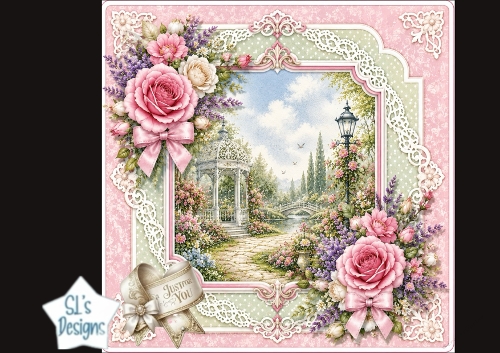Romantic Garden Gazebo Card Topper – Lace Border & Pastel Flowers
