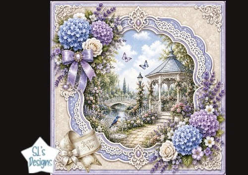 Lavender Garden Gazebo Card Topper – Lace Frame & Floral Bow