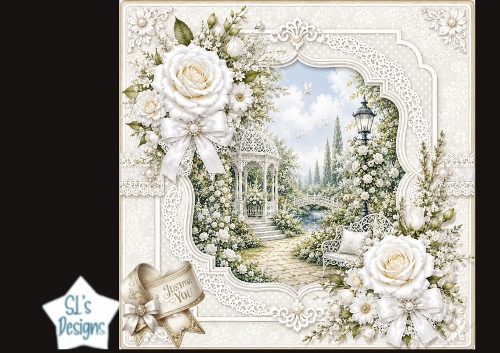 White Rose Garden Gazebo Card Topper – Lace Frame & Satin Bows