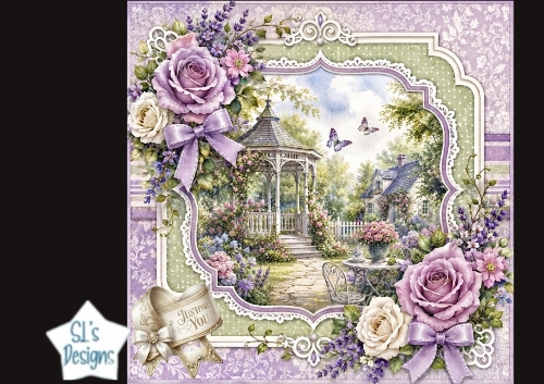 Pink Lavender Garden Gazebo Card Topper – Floral Lace & Ribbon Bow