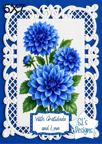 Elegant 5x7 Blue Dahlia Floral Card Topper for Handmade Crafts
