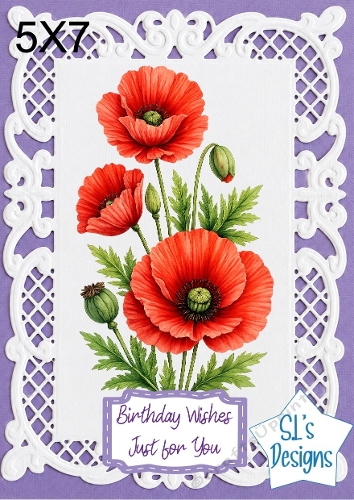 Elegant 5x7 Red Poppy Floral Birthday Card Topper
