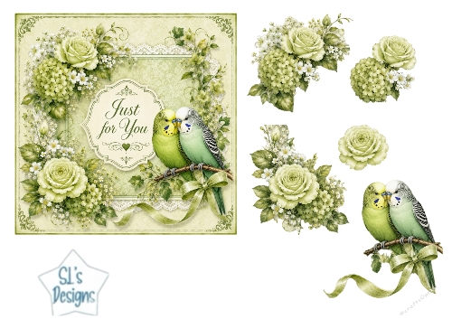 Green Budgerigar Garden Card Topper – Lace Frame & Pastel Flowers