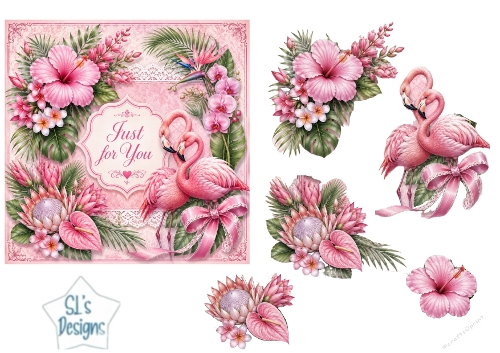 Pink Flamingo Tropical Card Topper – Lace Frame & Floral Heart