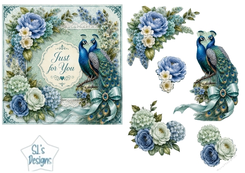 Teal Peacock Garden Card Topper – Lace Frame & Floral Jewel