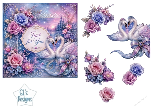 Romantic Swan Fantasy Card Topper – Lace Frame & Pastel Roses