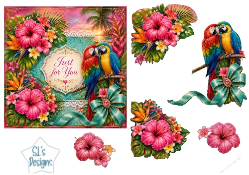 Tropical Parrot Sunset Card Topper – Lace Frame & Floral Accent