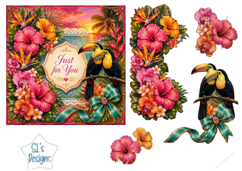 Tropical Toucan Sunset Card Topper – Lace Frame & Floral Accent