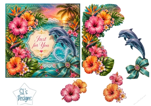 Tropical Dolphin Sunset Card Topper – Lace Frame & Floral Accent