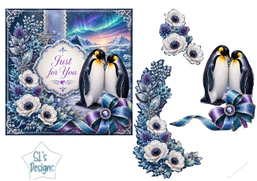 Winter Penguin Aurora Card Topper – Lace Frame & Frosted Flowers