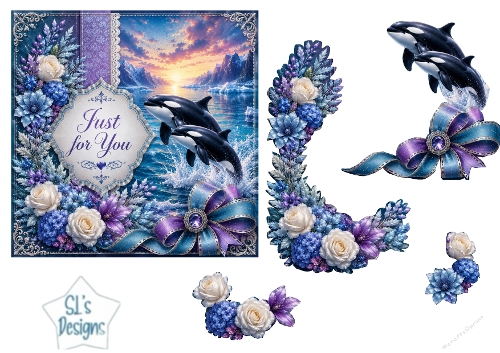Orca Sunset Floral Card Topper – Lace Frame & Jewel Bow