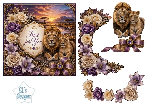 Golden Sunset Lion Card Topper – Floral Lace & Jewel Bow