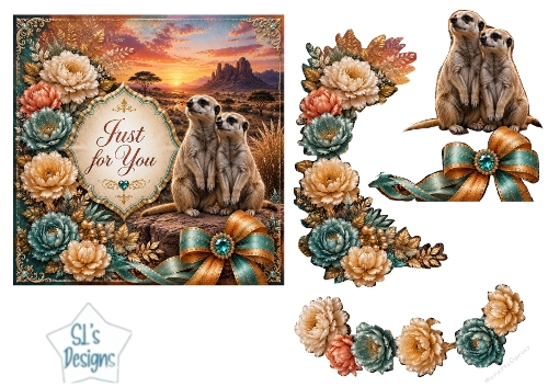 Savanna Meerkat Sunset Card Topper – Floral Lace & Jewel Bow