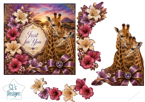 Golden Savanna Giraffe Card Topper – Floral Lace & Jewel Bow