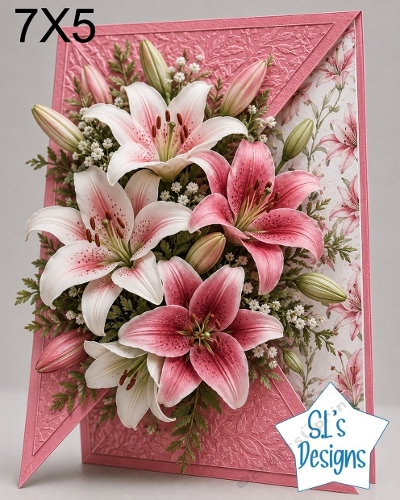 Elegant 7x5 Pink & White Lily Floral Card Topper for Handmade Crafts