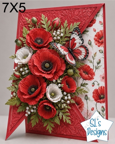 Elegant 7x5 Red & White Poppy Floral Card Topper with Butterfly