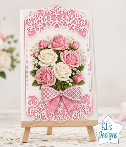 Elegant Pink & White Rose Floral Card Topper with Lace Frame and Bow
