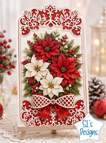 Elegant Red & White Poinsettia Christmas Card Topper with Festive Bow