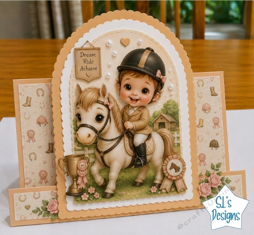 Cute Little Rider Equestrian Card Topper with Pony & Stable Scene