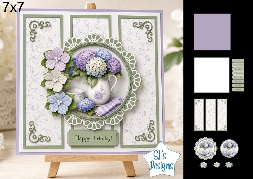 Beautiful Hydrangea Floral 7x7 Card Kit with Decoupage, Lace Medallion, Toppers, Sentiments & Matching Papers