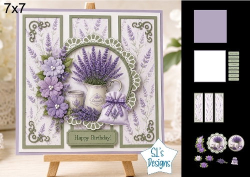 Elegant Lavender 7x7 Card Kit with Decoupage, Lace Medallion, Floral Toppers, Sentiments & Matching Papers