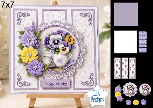 Pretty Pansies 7x7 Card Kit with Decoupage, Lace Medallion, Floral Toppers, Sentiments & Matching Papers