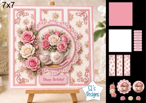 Romantic Pink Roses 7x7 Card Kit with Decoupage, Lace Medallion, Floral Toppers, Sentiments & Matching Papers