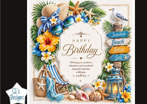 Tropical Beach Birthday Card Kit with Decoupage, Summer Embellishments, Sentiments & Matching Elements