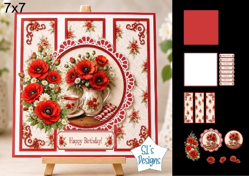Beautiful Poppy 7x7 Card Kit with Decoupage, Lace Medallion, Floral Toppers, Sentiments & Matching Papers