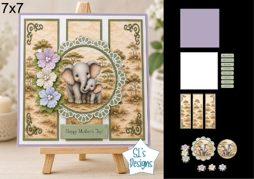 Adorable Elephant Mother & Baby 7x7 Card Kit with Decoupage, Lace Medallion, Floral Toppers & Sentiments