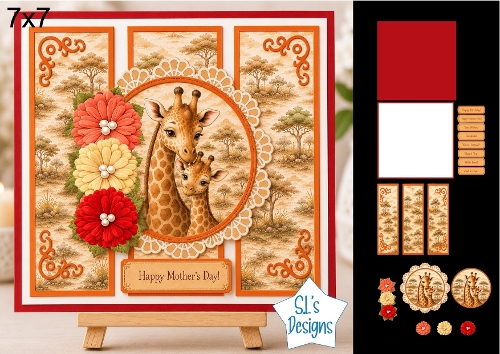 Adorable Giraffe Mother & Baby 7x7 Card Kit with Decoupage, Lace Medallion, Floral Toppers & Sentiments