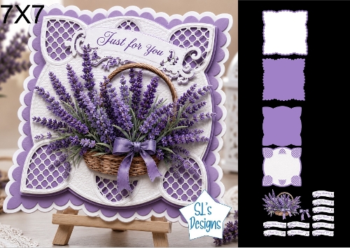 Elegant Lavender Basket Shaped 7x7 Card Kit with Decoupage, Sentiments & Layered Floral Elements