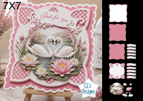 Romantic Swan Couple Shaped 7x7 Card Kit with Decoupage, Water Lilies, Sentiments & Layered Elements