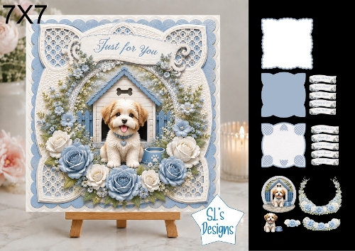 Adorable Puppy Dog House Shaped 7x7 Card Kit with Decoupage, Blue Roses, Sentiments & Layered Elements