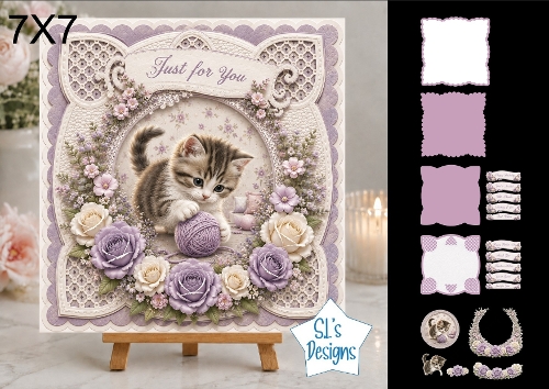 Adorable Kitten with Yarn Shaped 7x7 Card Kit with Decoupage, Floral Frames, Sentiments & Layered Elements