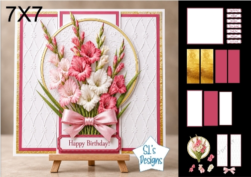 Magnificent Gladiolus Bouquet 7x7 Card Kit with Decoupage, Gold Foil Accents, Sentiments & Matching Elements
