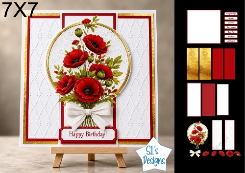 Elegant Poppy Bouquet 7x7 Card Kit with Decoupage, Gold Foil Accents, Sentiments & Matching Elements
