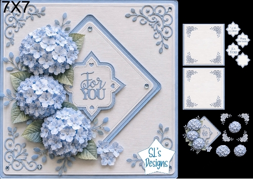 Beautiful Blue Hydrangeas 7x7 Card Kit with Decoupage, Elegant Frames, Floral Toppers & Sentiments
