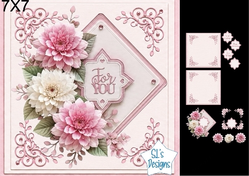 Elegant Pink & Ivory Dahlias 7x7 Card Kit with Decoupage, Floral Frames, Toppers & Sentiments