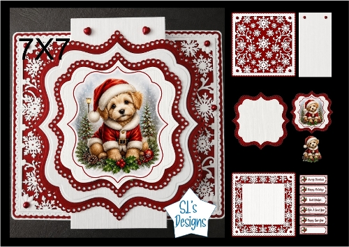 Cute Christmas Puppy 7x7 Card Kit with Decoupage, Snowflake Frame, Sentiments & Layered Elements