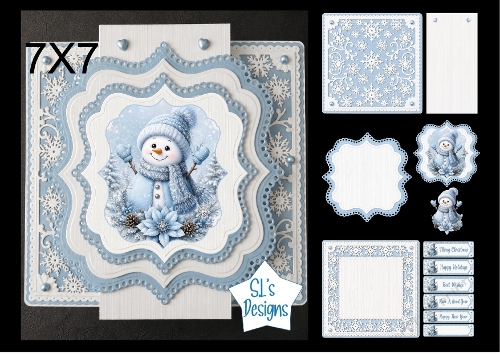Cute Snowman 7x7 Christmas Card Kit with Decoupage, Snowflake Frames, Sentiments & Layered Elements