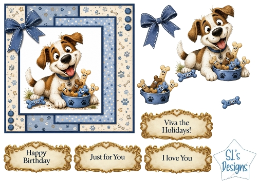 Funny Puppy & Dog Treats Card Kit with Decoupage, Paw Print Papers, Bow & Sentiments