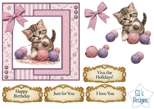 Adorable Kitten & Yarn Card Kit with Decoupage, Floral Papers, Polka