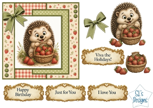 Cute Hedgehog & Strawberry Basket Card Kit with Decoupage, Gingham Papers, Bow & Sentiments