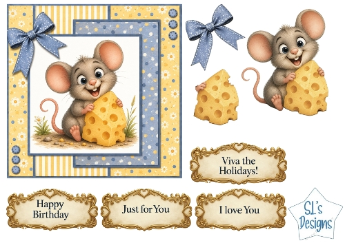 Cute Mouse & Cheese Card Kit with Decoupage, Yellow & Blue Papers, Bow and Sentiments