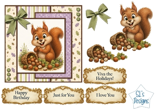 Cute Squirrel & Hazelnuts Card Kit with Decoupage, Autumn Papers, Bow & Sentiments
