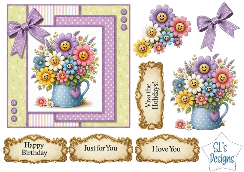 Happy Smiling Flowers Card Kit – Colourful Floral Jug, Decoupage & Sentiments