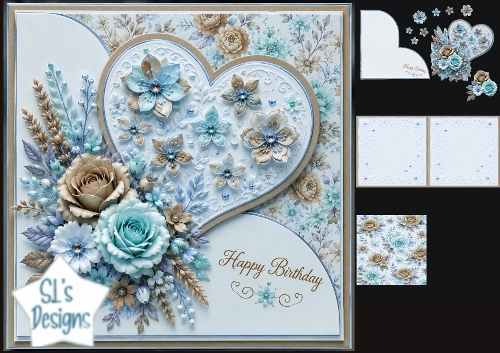 Blue & Beige Floral Heart Birthday Card Kit