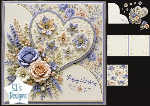 Lavender & Peach Floral Heart Birthday Card Kit