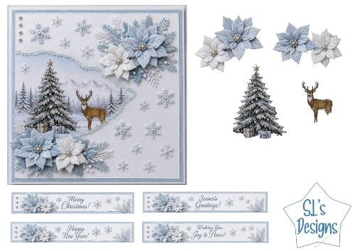 Winter Christmas Card Kit – Blue Poinsettias, Snowflakes, Christmas Tree & Deer